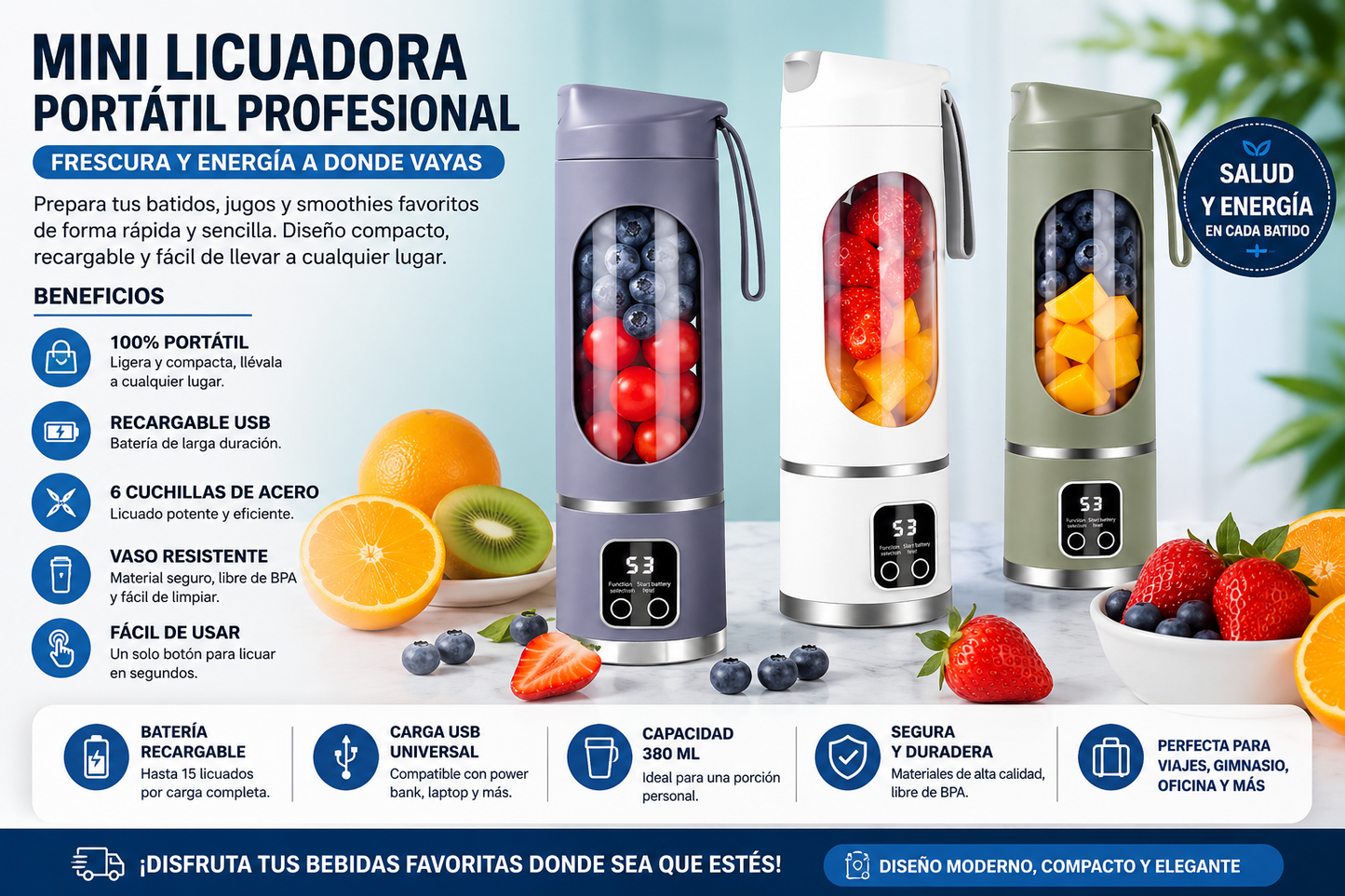 Mini Licuadora Portátil Profesional USB Recargable